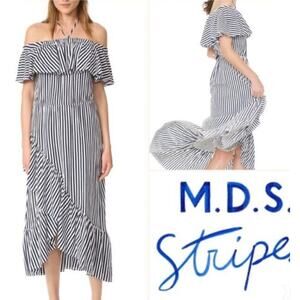 MARK D SIKES MDS Sz 3 L Navy White Stripe Cotton Ruffle Off Shoulder Midi Dress
